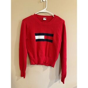 Tommy Jeans Red Logo Crew Neck Long Sleeve Sweater Women L Made in Japan